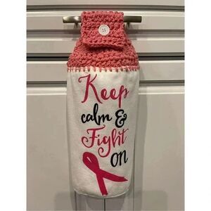 Crochet Top Kitchen Towel- Breast Cancer Awareness Keep Calm And Fight On